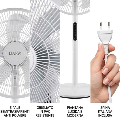 MAKA Ventilatore a Piantana Silenzioso 5 Pale in PVC 39db Basso Consumo 45W Oscillazione Orizzontale Inclinazione Verticale Diametro 40cm Altezza 120 cm 8 Velocità Base 39cm (45 Watt)