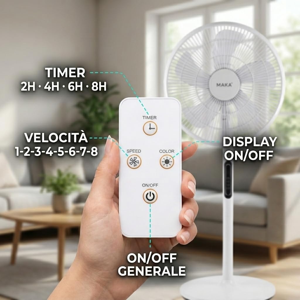 MAKA Ventilatore a Piantana Silenzioso 5 Pale in PVC 39db Basso Consumo 45W Oscillazione Orizzontale Inclinazione Verticale Diametro 40cm Altezza 120 cm 8 Velocità Base 39cm (45 Watt)