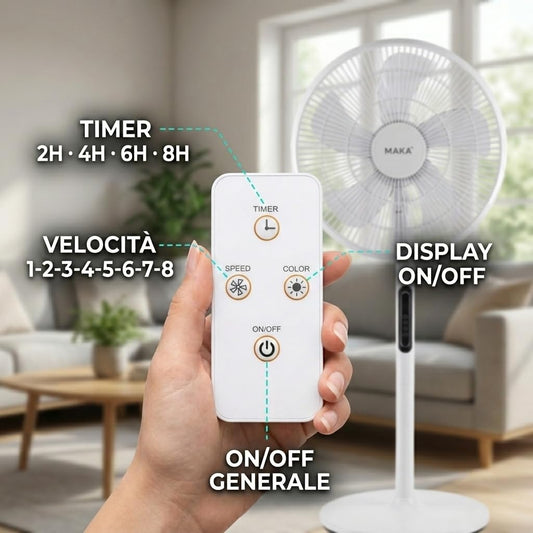 MAKA Ventilatore a Piantana Silenzioso 5 Pale in PVC 39db Basso Consumo 45W Oscillazione Orizzontale Inclinazione Verticale Diametro 40cm Altezza 120 cm 8 Velocità Base 39cm (45 Watt)