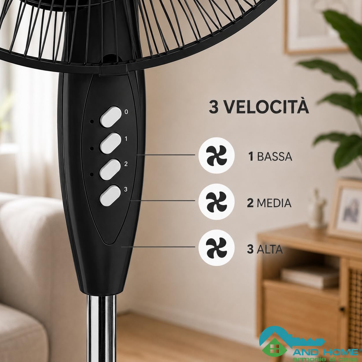 Ventilatore a Piantana Ø 40 cm NERO - FACILE MONTAGGIO - 50 W - 3 Velocità - STABILE e SILENZIOSO - Oscillazione Orizzontale - Altezza Regolabile 103-130 cm - Testa Inclinabile - Base a Croce