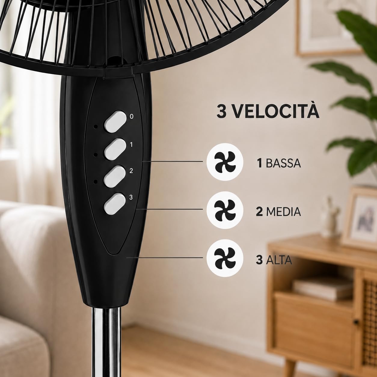 Ventilatore a Piantana Ø 40 cm NERO - FACILE MONTAGGIO - 50 W - 3 Velocità - STABILE e SILENZIOSO - Oscillazione Orizzontale - Altezza Regolabile 103-130 cm - Testa Inclinabile - Base a Croce