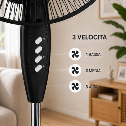 Ventilatore a Piantana Ø 40 cm NERO - FACILE MONTAGGIO - 50 W - 3 Velocità - STABILE e SILENZIOSO - Oscillazione Orizzontale - Altezza Regolabile 103-130 cm - Testa Inclinabile - Base a Croce
