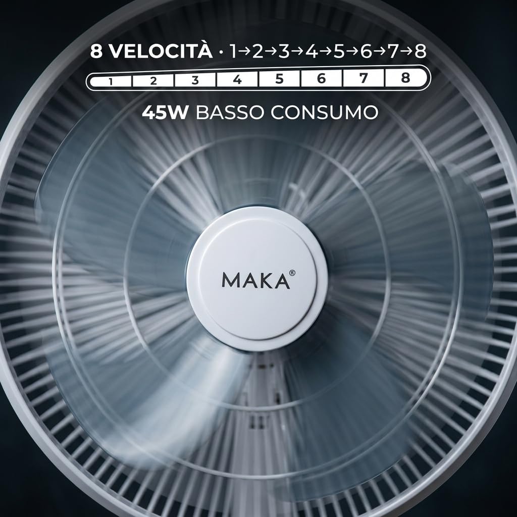 MAKA Ventilatore a Piantana Silenzioso 5 Pale in PVC 39db Basso Consumo 45W Oscillazione Orizzontale Inclinazione Verticale Diametro 40cm Altezza 120 cm 8 Velocità Base 39cm (45 Watt)