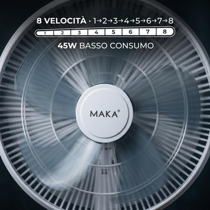 MAKA Ventilatore a Piantana Silenzioso 5 Pale in PVC 39db Basso Consumo 45W Oscillazione Orizzontale Inclinazione Verticale Diametro 40cm Altezza 120 cm 8 Velocità Base 39cm (45 Watt)