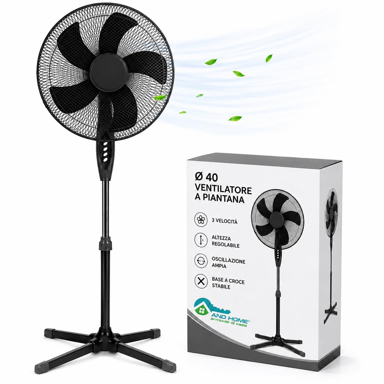 Ventilatore a Piantana Ø 40 cm NERO - FACILE MONTAGGIO - 50 W - 3 Velocità - STABILE e SILENZIOSO - Oscillazione Orizzontale - Altezza Regolabile 103-130 cm - Testa Inclinabile - Base a Croce