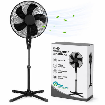 Ventilatore a Piantana Ø 40 cm NERO - FACILE MONTAGGIO - 50 W - 3 Velocità - STABILE e SILENZIOSO - Oscillazione Orizzontale - Altezza Regolabile 103-130 cm - Testa Inclinabile - Base a Croce
