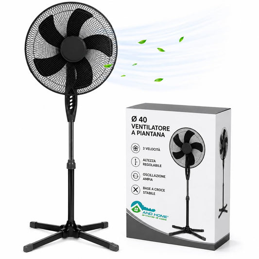 Ventilatore a Piantana Ø 40 cm NERO - FACILE MONTAGGIO - 50 W - 3 Velocità - STABILE e SILENZIOSO - Oscillazione Orizzontale - Altezza Regolabile 103-130 cm - Testa Inclinabile - Base a Croce