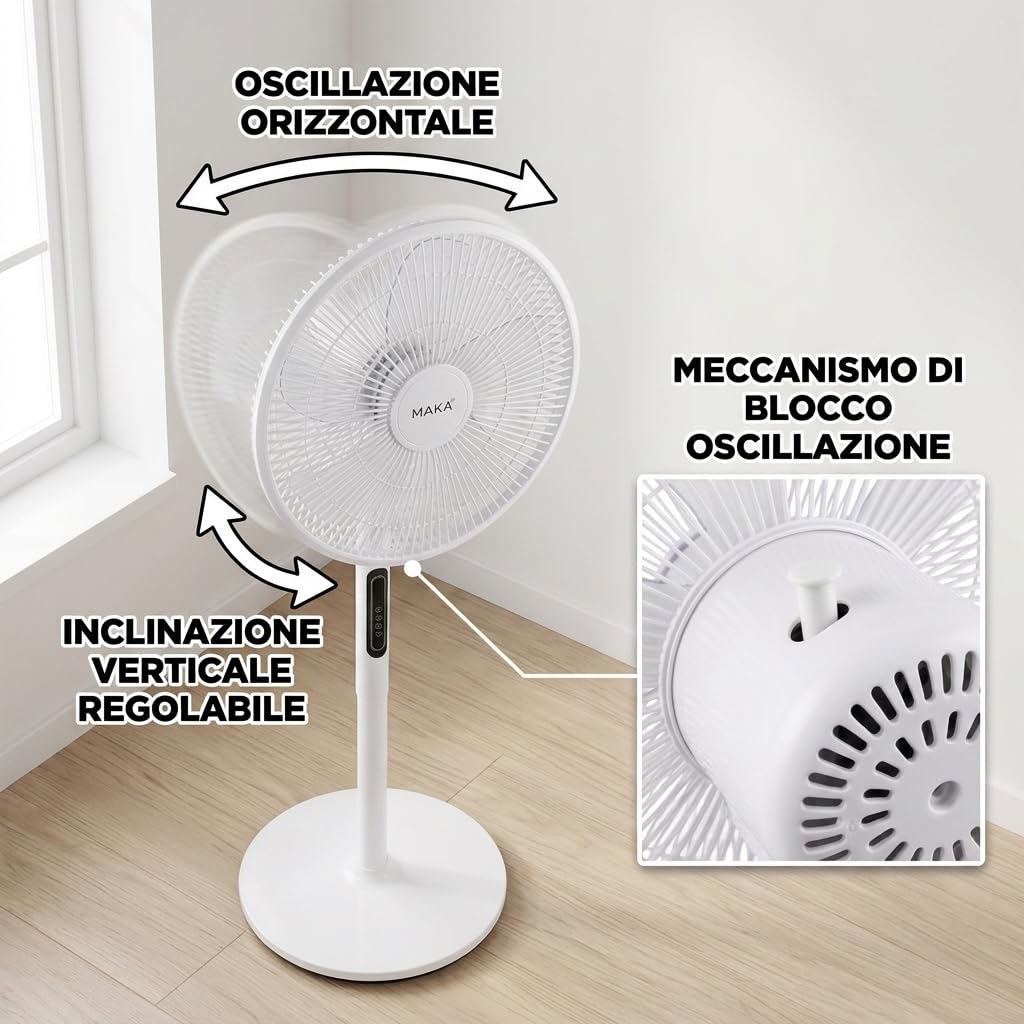 MAKA Ventilatore a Piantana Silenzioso 5 Pale in PVC 39db Basso Consumo 45W Oscillazione Orizzontale Inclinazione Verticale Diametro 40cm Altezza 120 cm 8 Velocità Base 39cm (45 Watt)