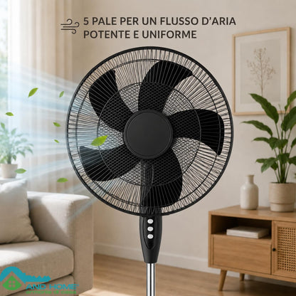 Ventilatore a Piantana Ø 40 cm NERO - FACILE MONTAGGIO - 50 W - 3 Velocità - STABILE e SILENZIOSO - Oscillazione Orizzontale - Altezza Regolabile 103-130 cm - Testa Inclinabile - Base a Croce