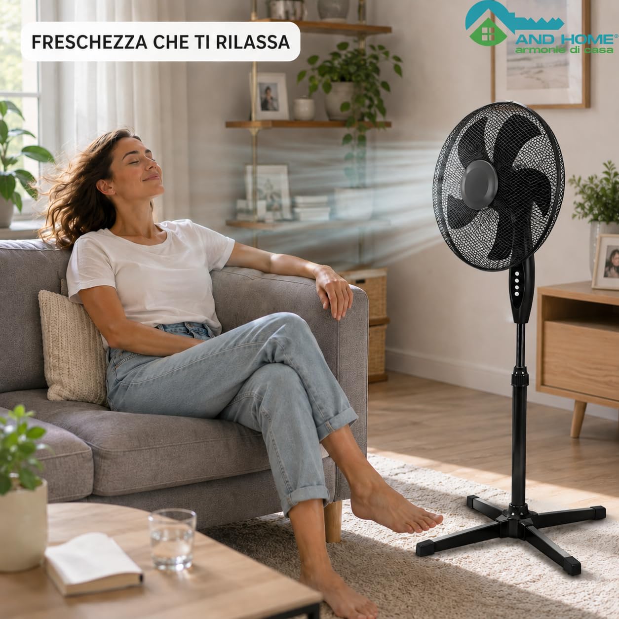 Ventilatore a Piantana Ø 40 cm NERO - FACILE MONTAGGIO - 50 W - 3 Velocità - STABILE e SILENZIOSO - Oscillazione Orizzontale - Altezza Regolabile 103-130 cm - Testa Inclinabile - Base a Croce
