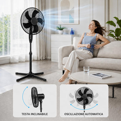 Ventilatore a Piantana Ø 40 cm NERO - FACILE MONTAGGIO - 50 W - 3 Velocità - STABILE e SILENZIOSO - Oscillazione Orizzontale - Altezza Regolabile 103-130 cm - Testa Inclinabile - Base a Croce