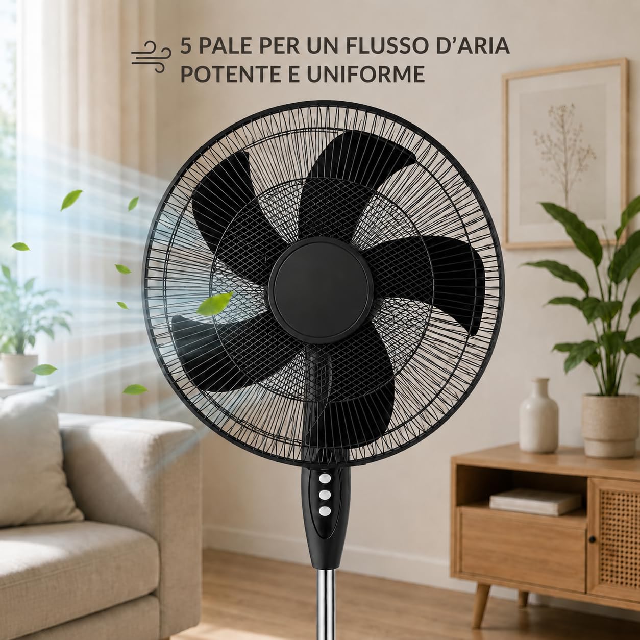 Ventilatore a Piantana Ø 40 cm NERO - FACILE MONTAGGIO - 50 W - 3 Velocità - STABILE e SILENZIOSO - Oscillazione Orizzontale - Altezza Regolabile 103-130 cm - Testa Inclinabile - Base a Croce