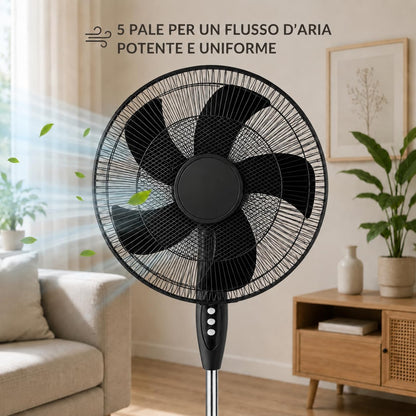Ventilatore a Piantana Ø 40 cm NERO - FACILE MONTAGGIO - 50 W - 3 Velocità - STABILE e SILENZIOSO - Oscillazione Orizzontale - Altezza Regolabile 103-130 cm - Testa Inclinabile - Base a Croce