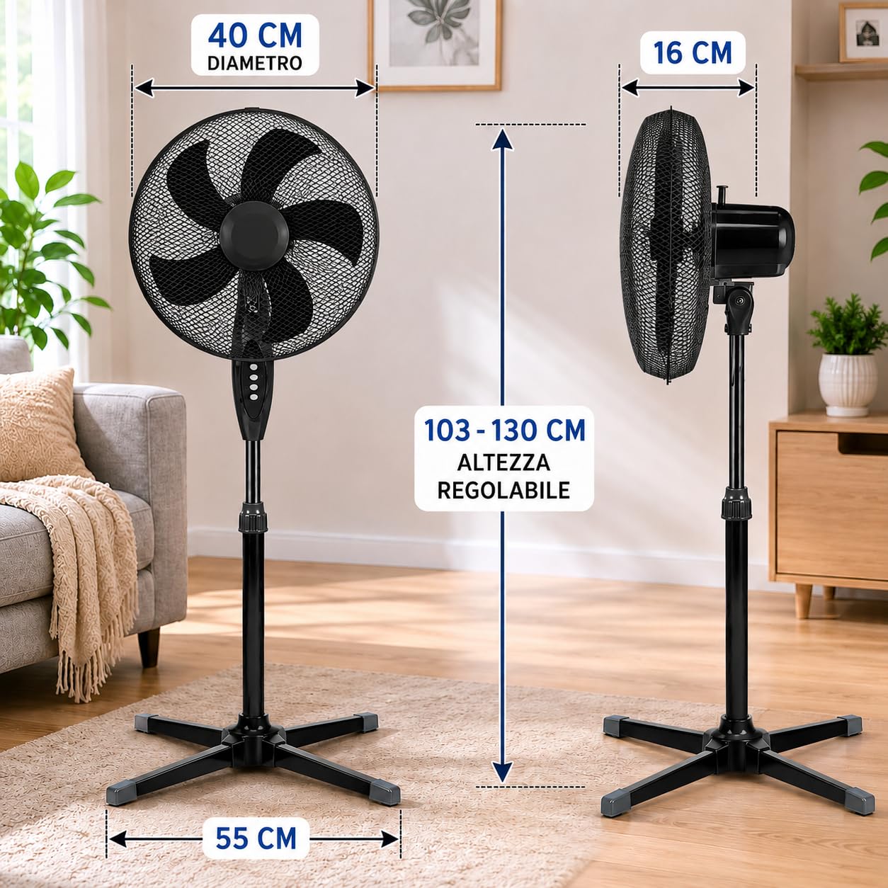 Ventilatore a Piantana Ø 40 cm NERO - FACILE MONTAGGIO - 50 W - 3 Velocità - STABILE e SILENZIOSO - Oscillazione Orizzontale - Altezza Regolabile 103-130 cm - Testa Inclinabile - Base a Croce