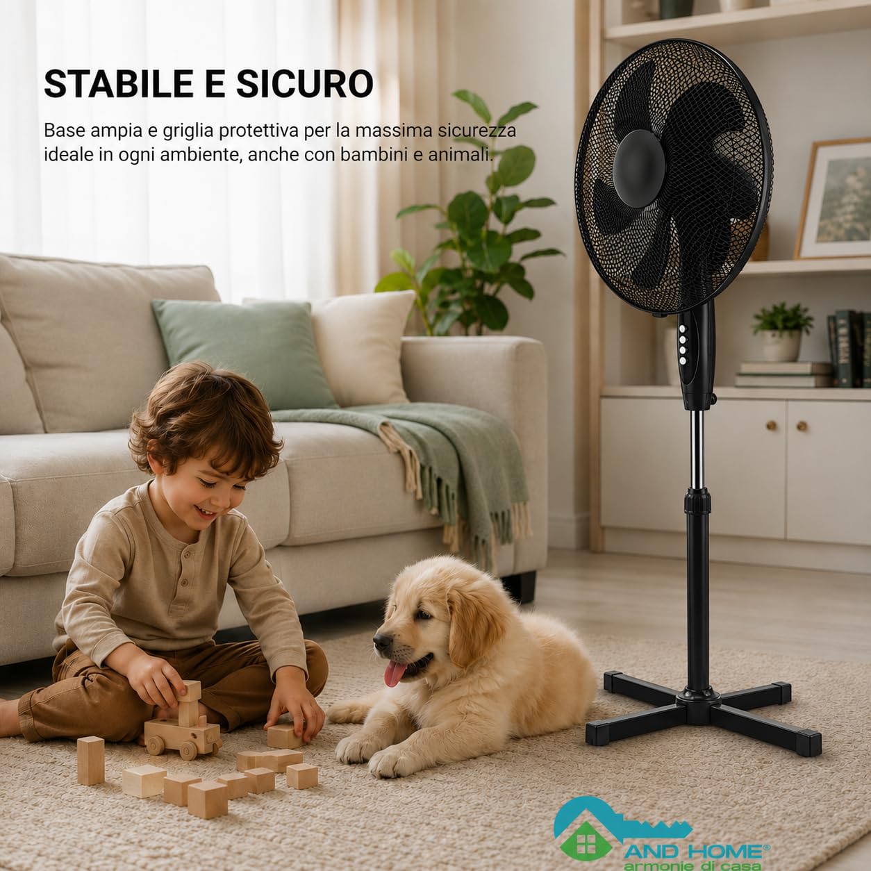 Ventilatore a Piantana Ø 40 cm NERO - FACILE MONTAGGIO - 50 W - 3 Velocità - STABILE e SILENZIOSO - Oscillazione Orizzontale - Altezza Regolabile 103-130 cm - Testa Inclinabile - Base a Croce