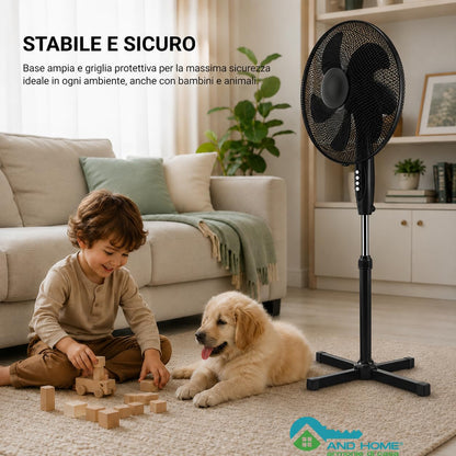 Ventilatore a Piantana Ø 40 cm NERO - FACILE MONTAGGIO - 50 W - 3 Velocità - STABILE e SILENZIOSO - Oscillazione Orizzontale - Altezza Regolabile 103-130 cm - Testa Inclinabile - Base a Croce