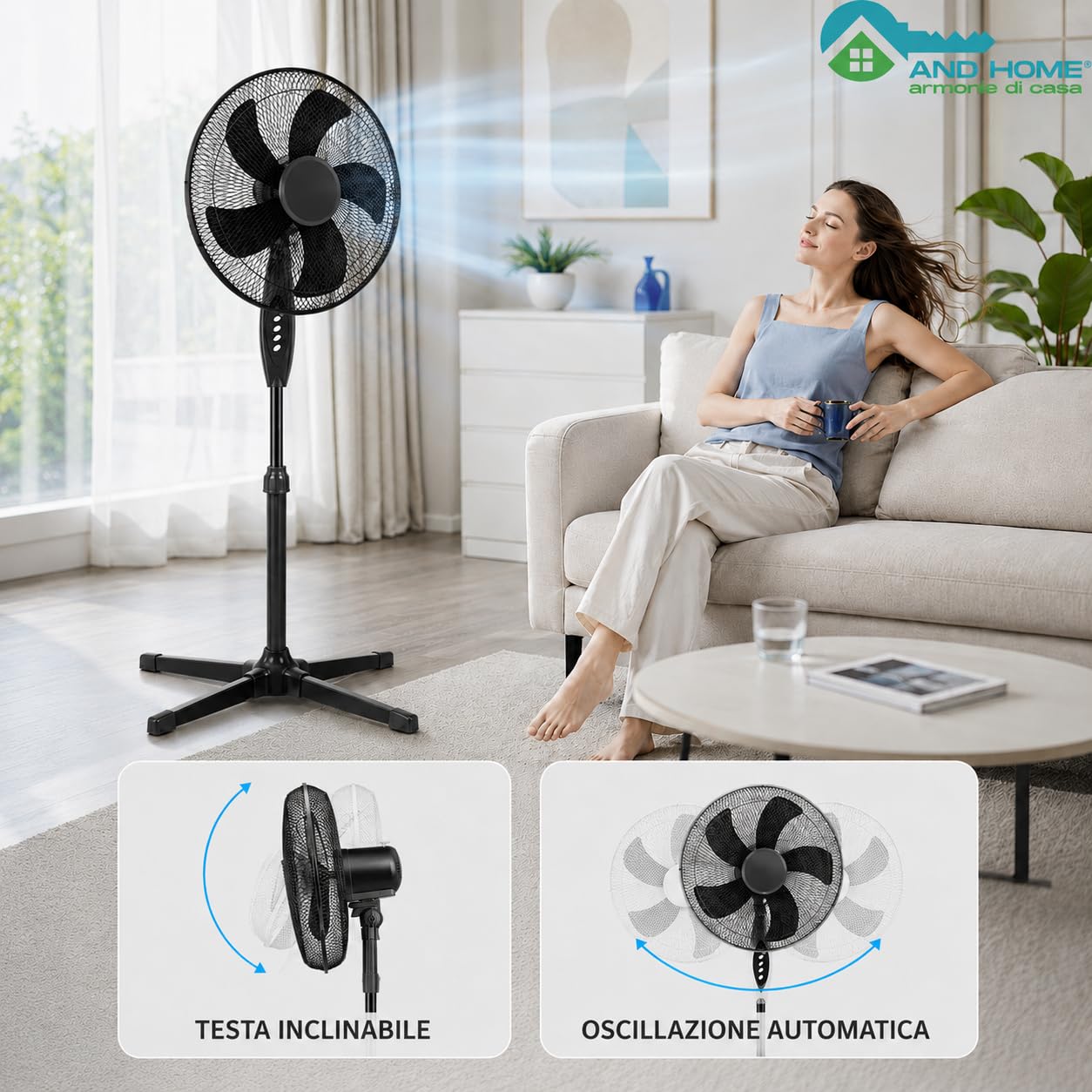 Ventilatore a Piantana Ø 40 cm NERO - FACILE MONTAGGIO - 50 W - 3 Velocità - STABILE e SILENZIOSO - Oscillazione Orizzontale - Altezza Regolabile 103-130 cm - Testa Inclinabile - Base a Croce