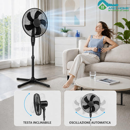 Ventilatore a Piantana Ø 40 cm NERO - FACILE MONTAGGIO - 50 W - 3 Velocità - STABILE e SILENZIOSO - Oscillazione Orizzontale - Altezza Regolabile 103-130 cm - Testa Inclinabile - Base a Croce