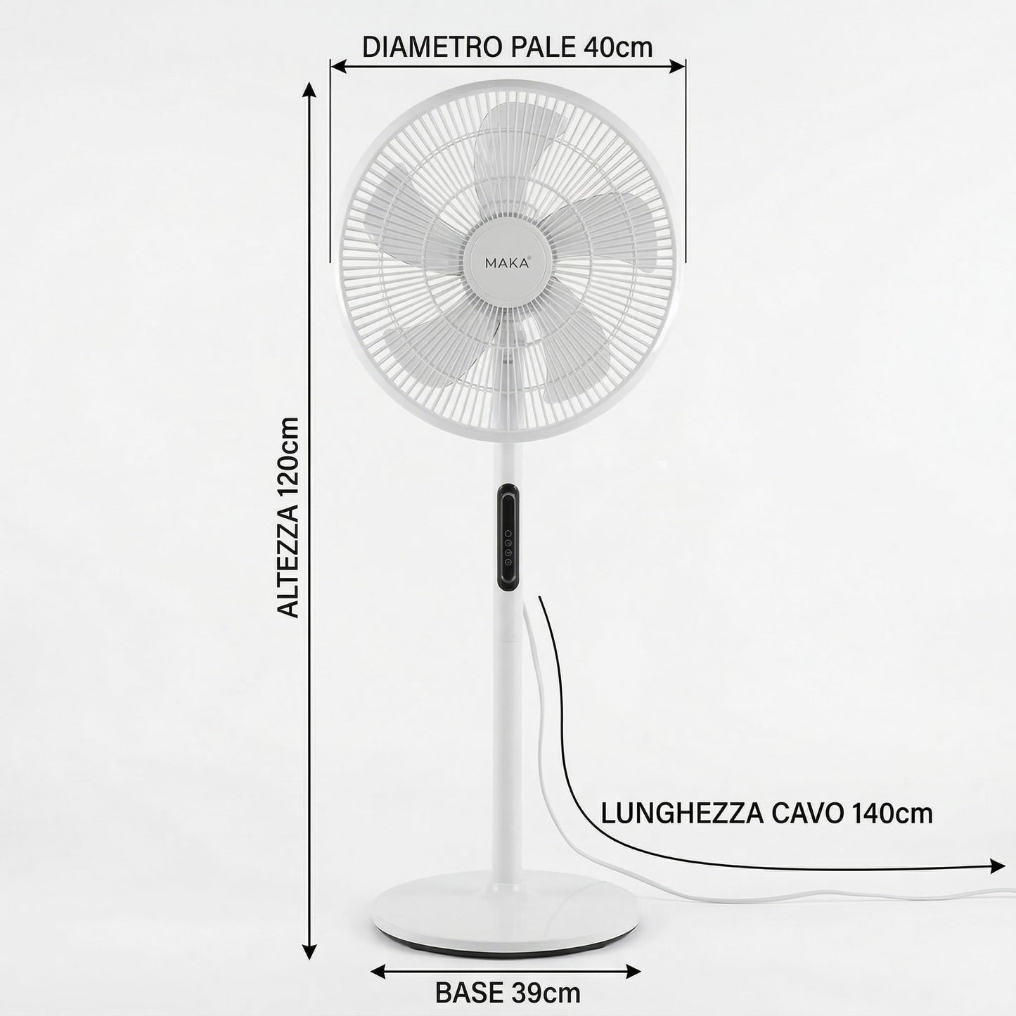 MAKA Ventilatore a Piantana Silenzioso 5 Pale in PVC 39db Basso Consumo 45W Oscillazione Orizzontale Inclinazione Verticale Diametro 40cm Altezza 120 cm 8 Velocità Base 39cm (45 Watt)