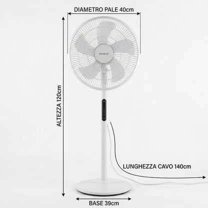 MAKA Ventilatore a Piantana Silenzioso 5 Pale in PVC 39db Basso Consumo 45W Oscillazione Orizzontale Inclinazione Verticale Diametro 40cm Altezza 120 cm 8 Velocità Base 39cm (45 Watt)