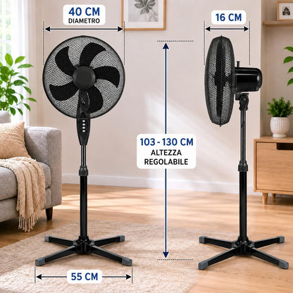Ventilatore a Piantana Ø 40 cm NERO - FACILE MONTAGGIO - 50 W - 3 Velocità - STABILE e SILENZIOSO - Oscillazione Orizzontale - Altezza Regolabile 103-130 cm - Testa Inclinabile - Base a Croce