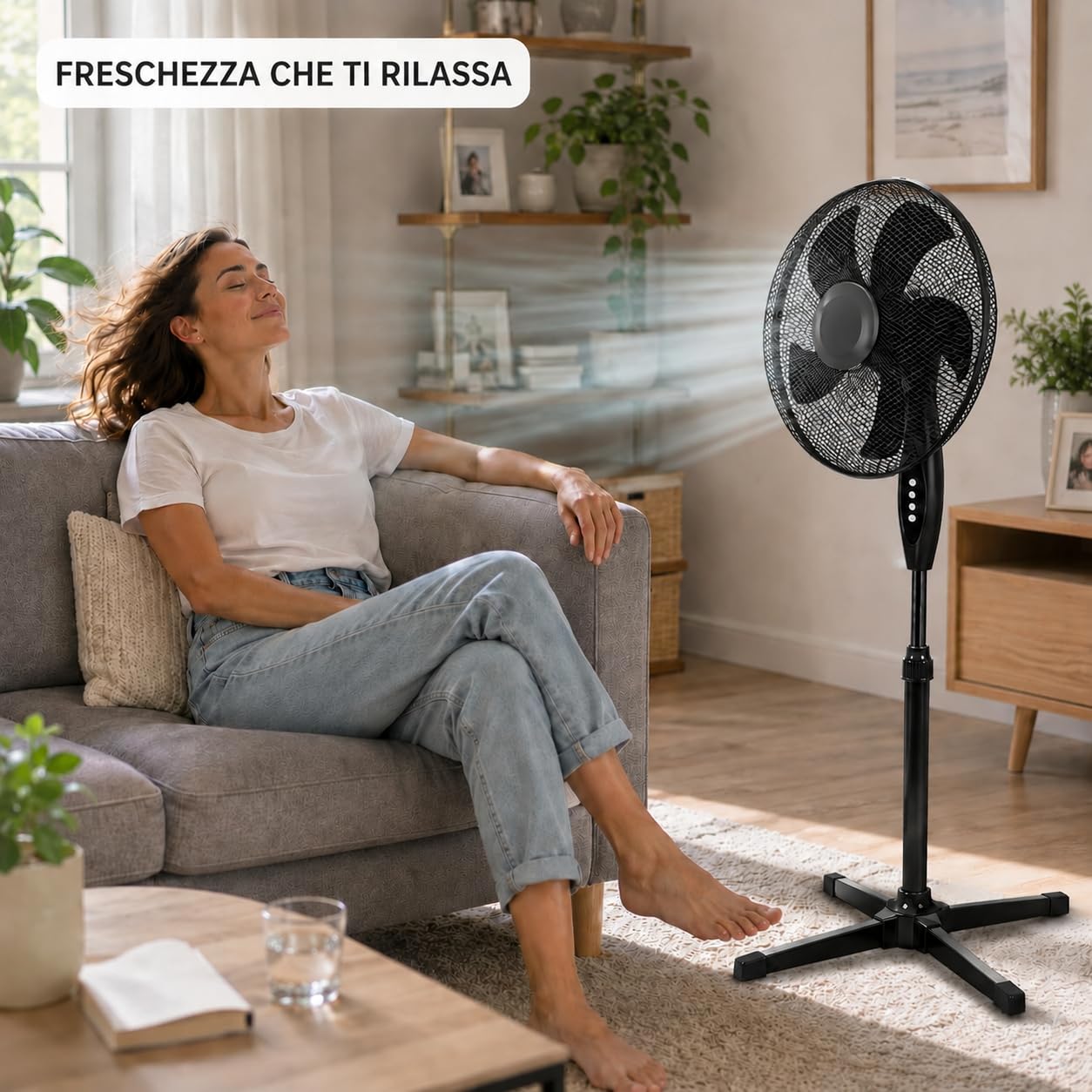 Ventilatore a Piantana Ø 40 cm NERO - FACILE MONTAGGIO - 50 W - 3 Velocità - STABILE e SILENZIOSO - Oscillazione Orizzontale - Altezza Regolabile 103-130 cm - Testa Inclinabile - Base a Croce