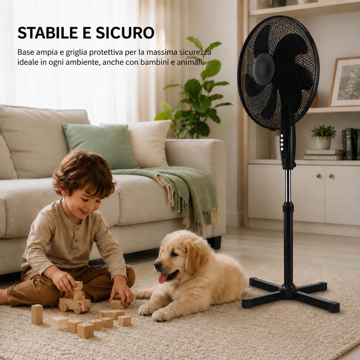 Ventilatore a Piantana Ø 40 cm NERO - FACILE MONTAGGIO - 50 W - 3 Velocità - STABILE e SILENZIOSO - Oscillazione Orizzontale - Altezza Regolabile 103-130 cm - Testa Inclinabile - Base a Croce